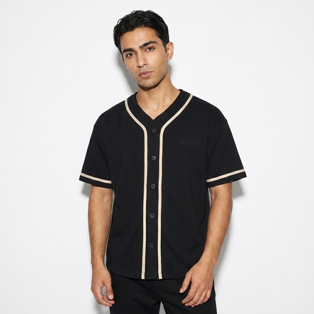 Contrast Piped Button-Up Jersey worn by a petite Persian male fashion influencer, sporty athleisure styling, studio lookbook — custom contrast piped button-up jersey