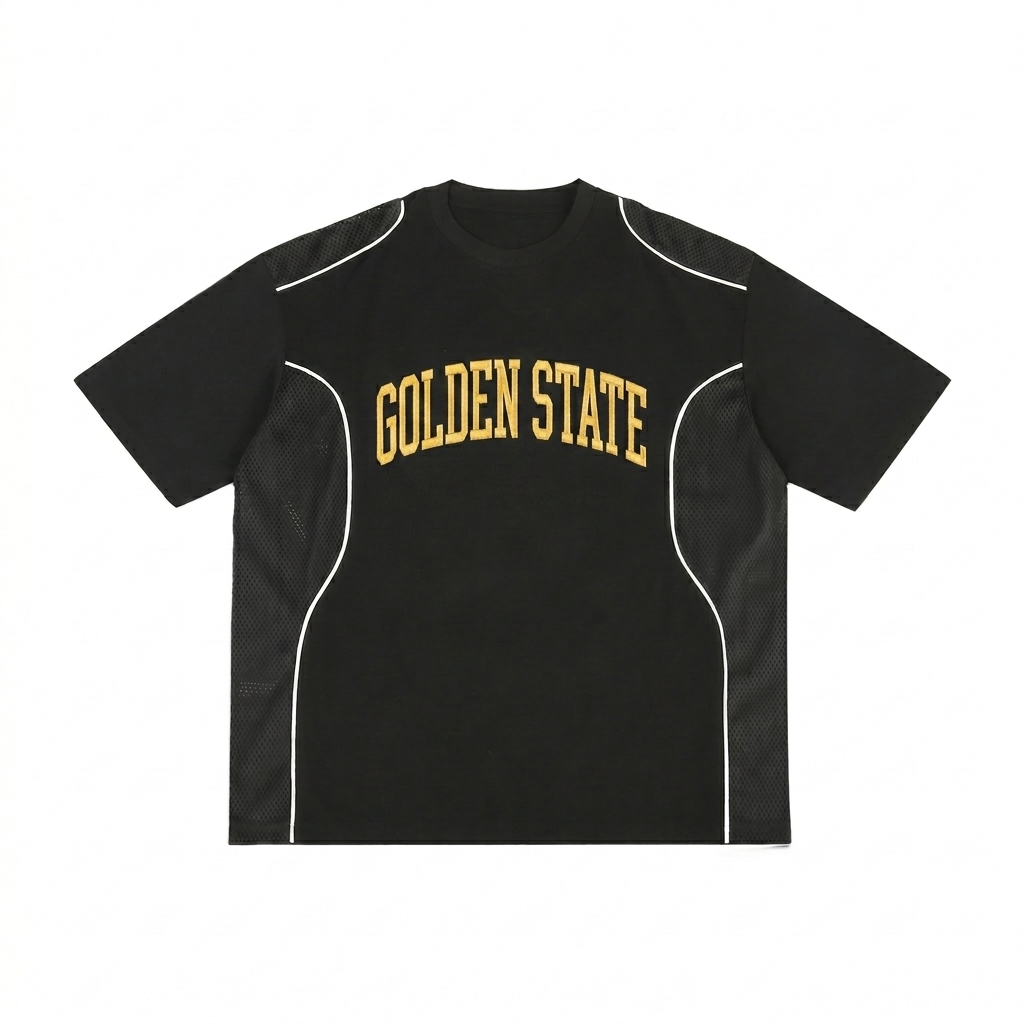 Custom Contrast Piped Panel T-Shirt design direction 1: Retro Collegiate featuring the GOLDEN STATE wordmark