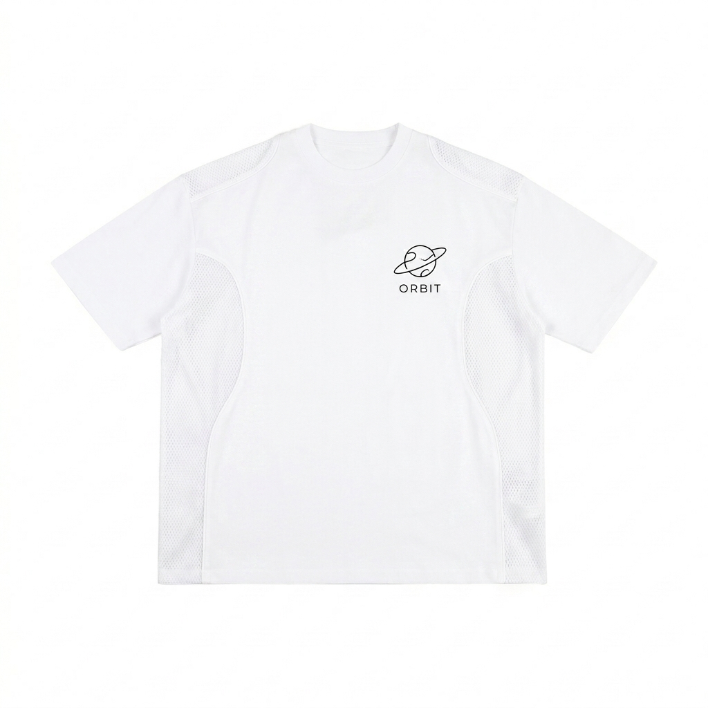 Custom Contrast Piped Panel T-Shirt design direction 2: Minimal Line Drawing featuring the ORBIT wordmark