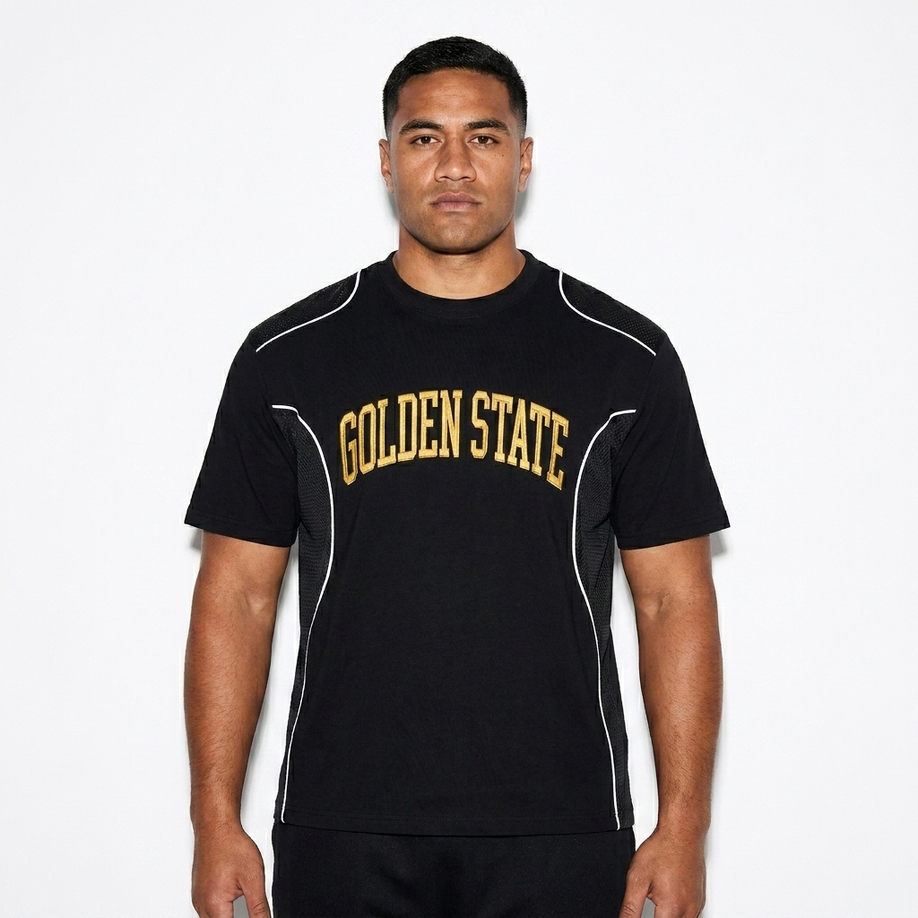 Contrast Piped Panel T-Shirt worn by a broad-shouldered Māori male fashion influencer, editorial avant-garde styling, studio lookbook — custom contrast piped panel t-shirt