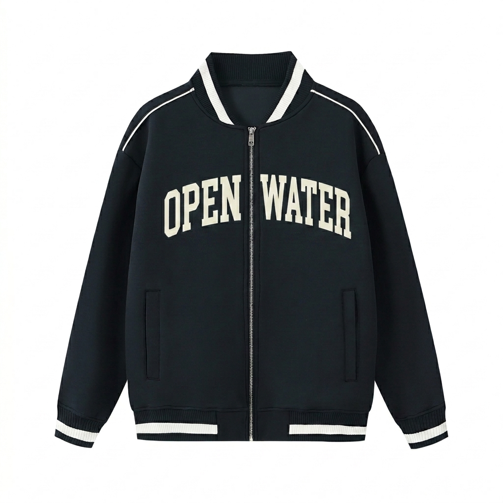 Custom Contrast Piping Bomber Jacket design direction 1: Retro Collegiate Wordmark featuring the OPEN WATER wordmark