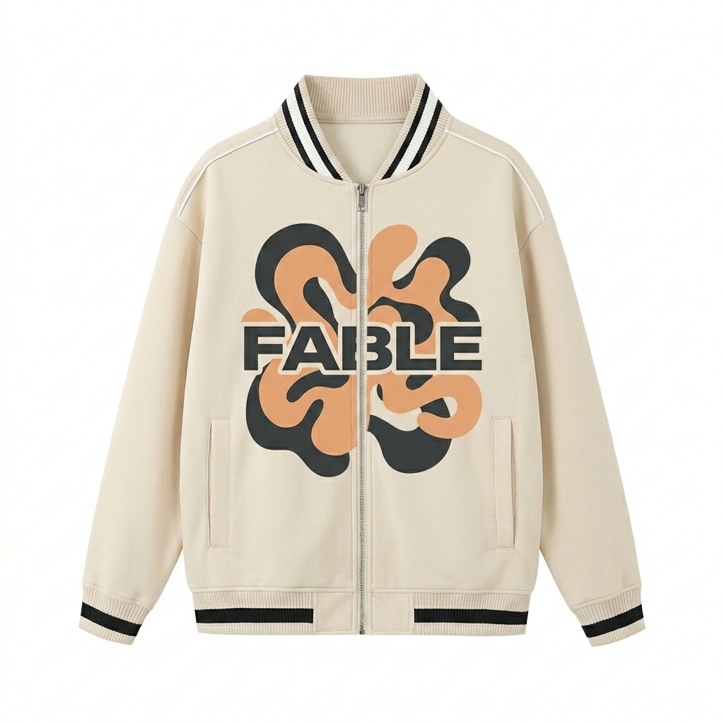Custom Contrast Piping Bomber Jacket design direction 3: Bold Abstract Graphic featuring the FABLE wordmark