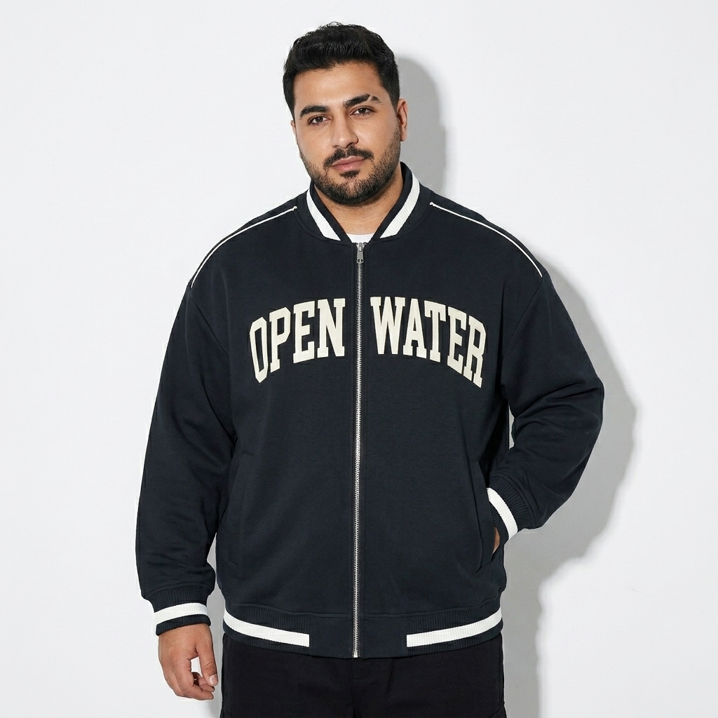 Contrast Piping Bomber Jacket worn by a curvy Persian male fashion influencer, techwear modern styling, studio lookbook — custom contrast piping bomber jacket
