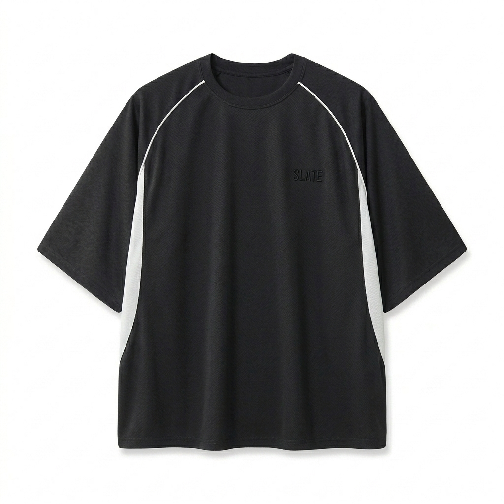 Custom Contrast Piping Panel Raglan T-Shirt design direction 1: Tonal Minimalist Wordmark featuring the SLATE wordmark