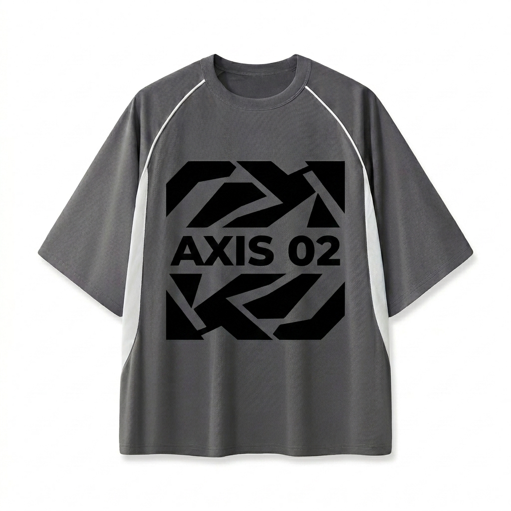Custom Contrast Piping Panel Raglan T-Shirt design direction 2: Bold Abstract Graphic featuring the AXIS 02 wordmark