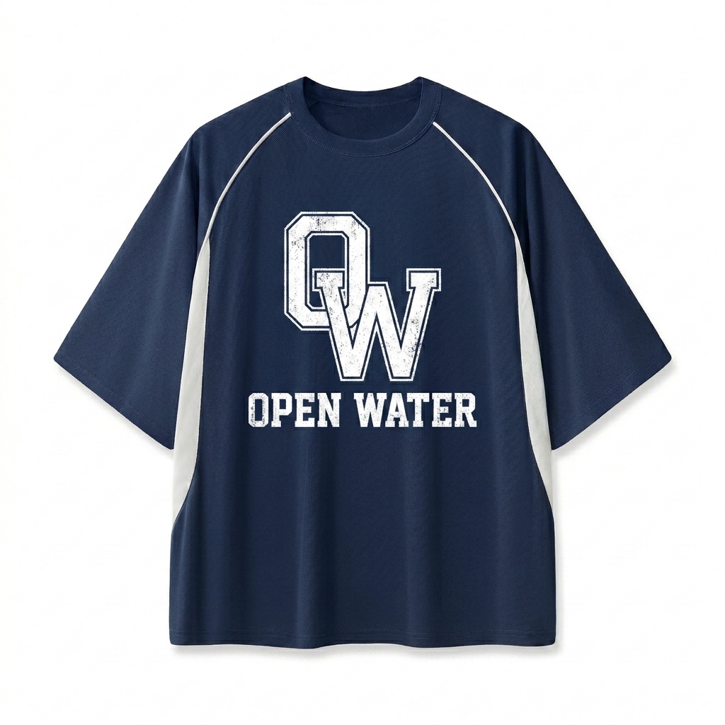 Custom Contrast Piping Panel Raglan T-Shirt design direction 3: Retro Collegiate Emblem featuring the OPEN WATER wordmark