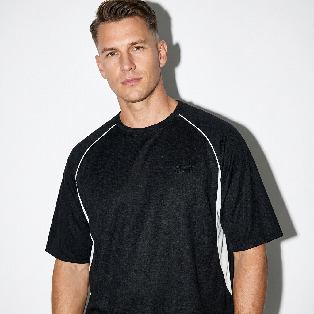 Contrast Piping Panel Raglan T-Shirt worn by a mid-size German male fashion influencer, minimalist luxury styling, studio lookbook — custom contrast piping panel raglan t-shirt