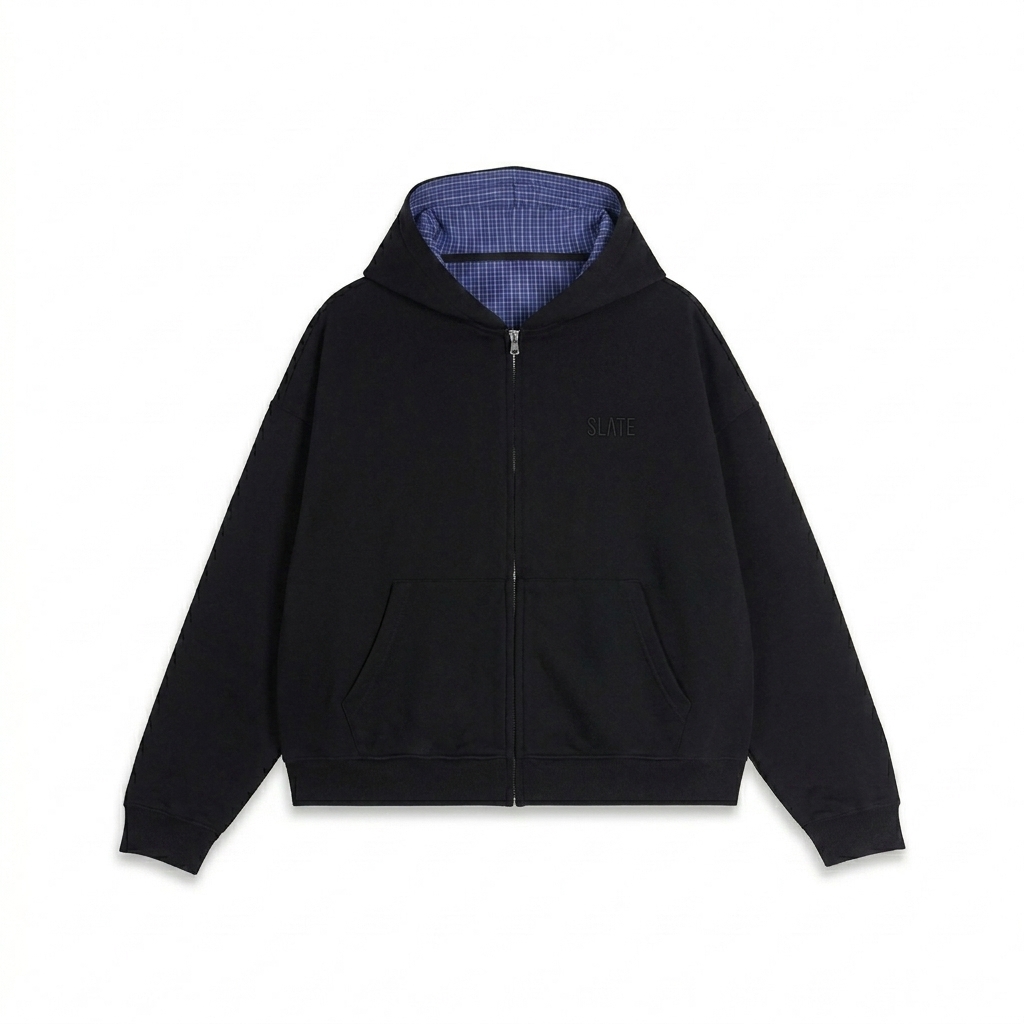 Custom Contrast Plaid Boxy Zip Hoodie design direction 1: Tonal Minimalist Wordmark featuring the SLATE wordmark