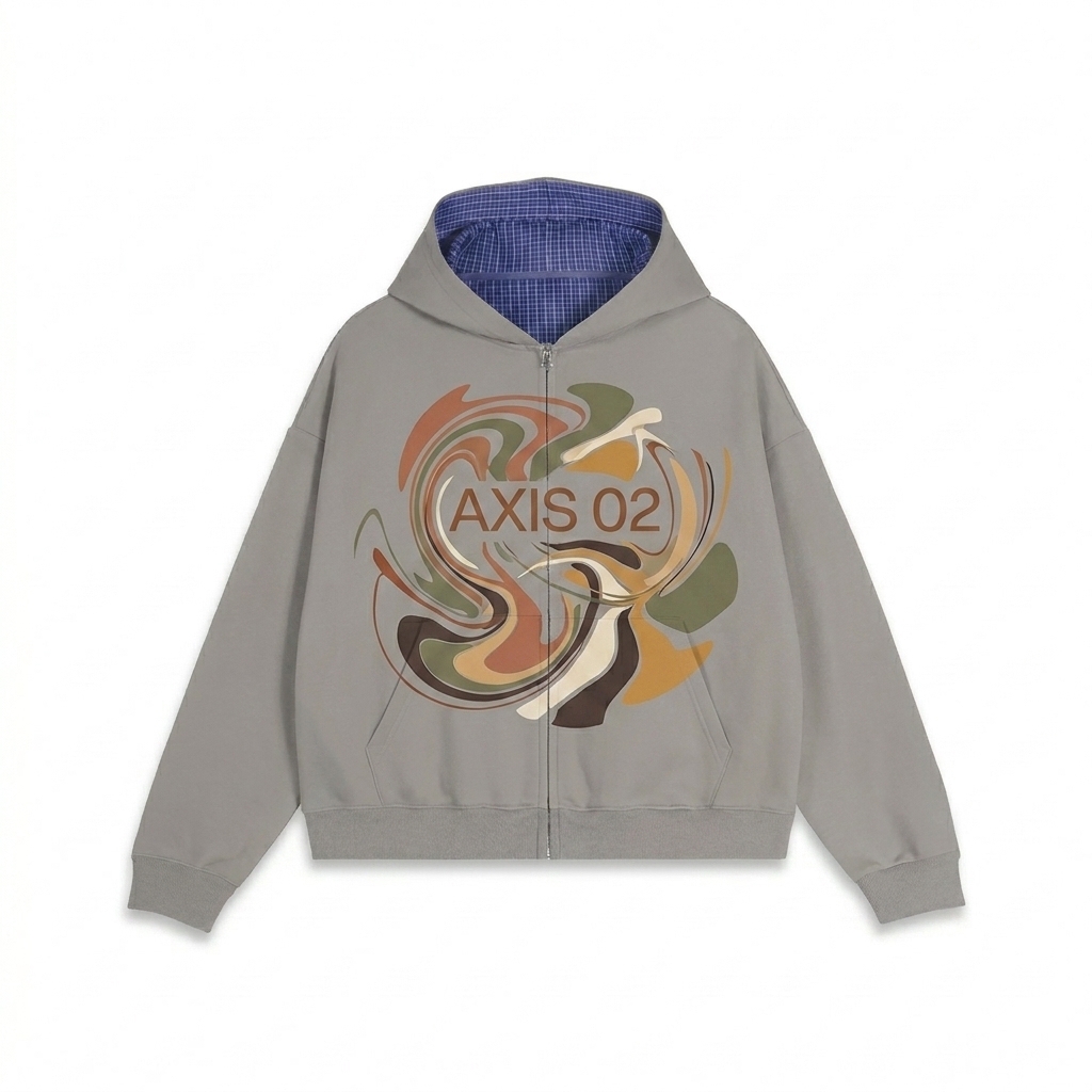 Custom Contrast Plaid Boxy Zip Hoodie design direction 2: Bold Abstract Graphic featuring the AXIS 02 wordmark