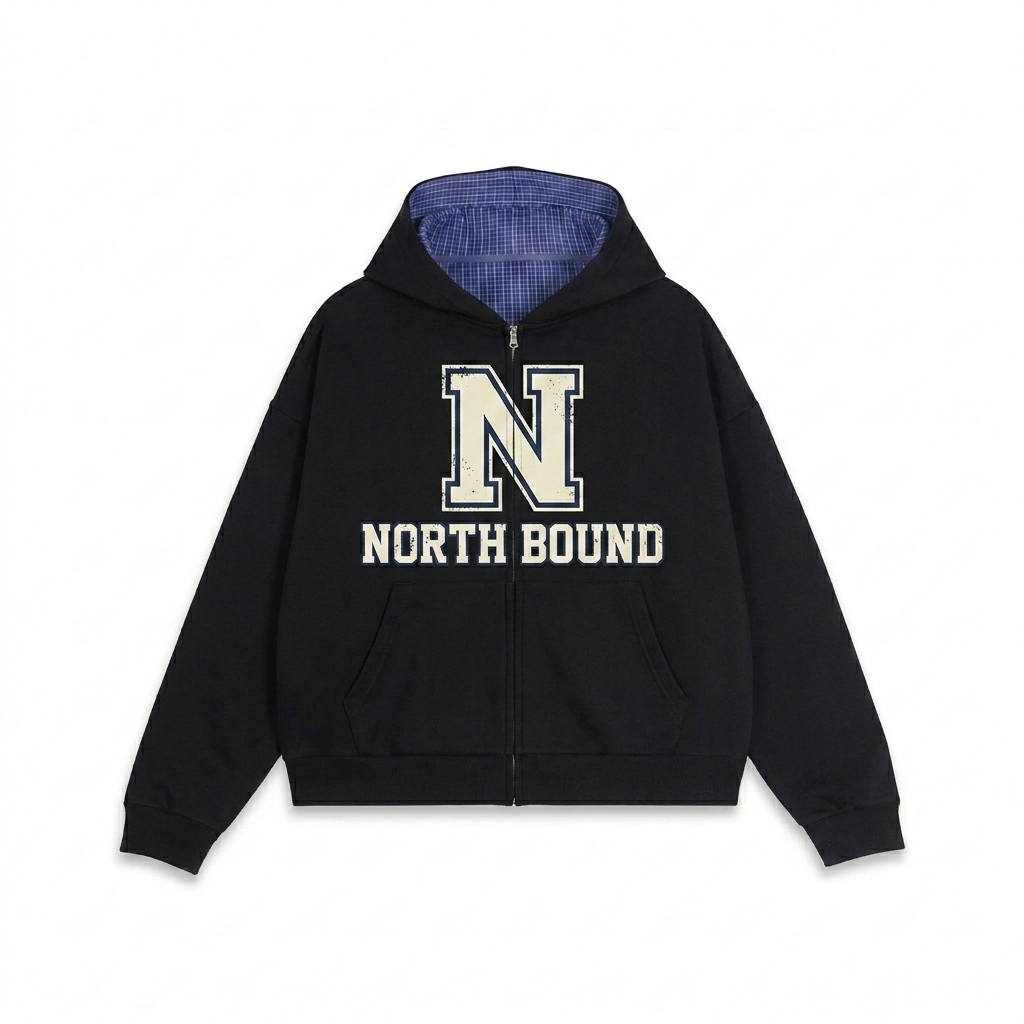 Custom Contrast Plaid Boxy Zip Hoodie design direction 3: Retro Collegiate Emblem featuring the NORTH BOUND wordmark