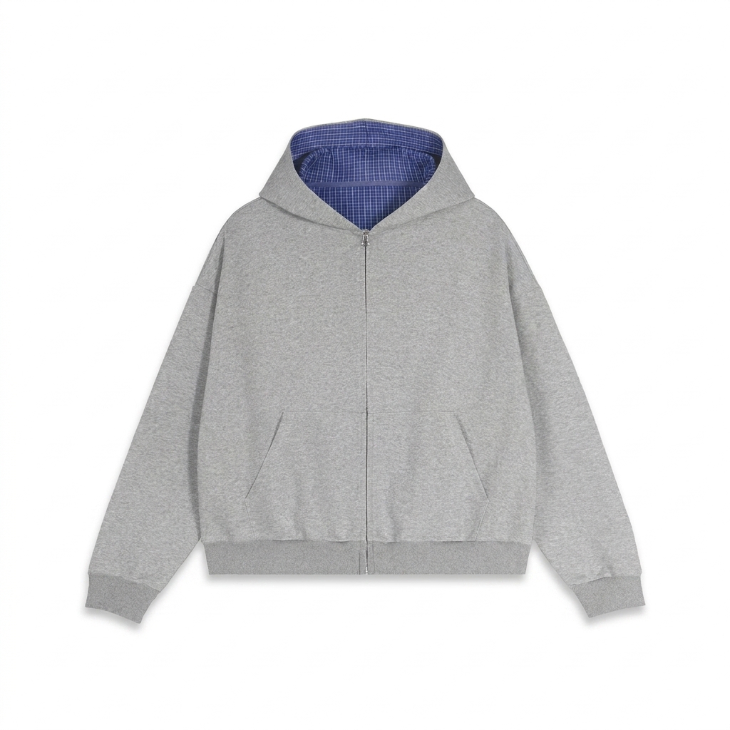 Custom Contrast Plaid Boxy Zip Hoodie — Hoodies