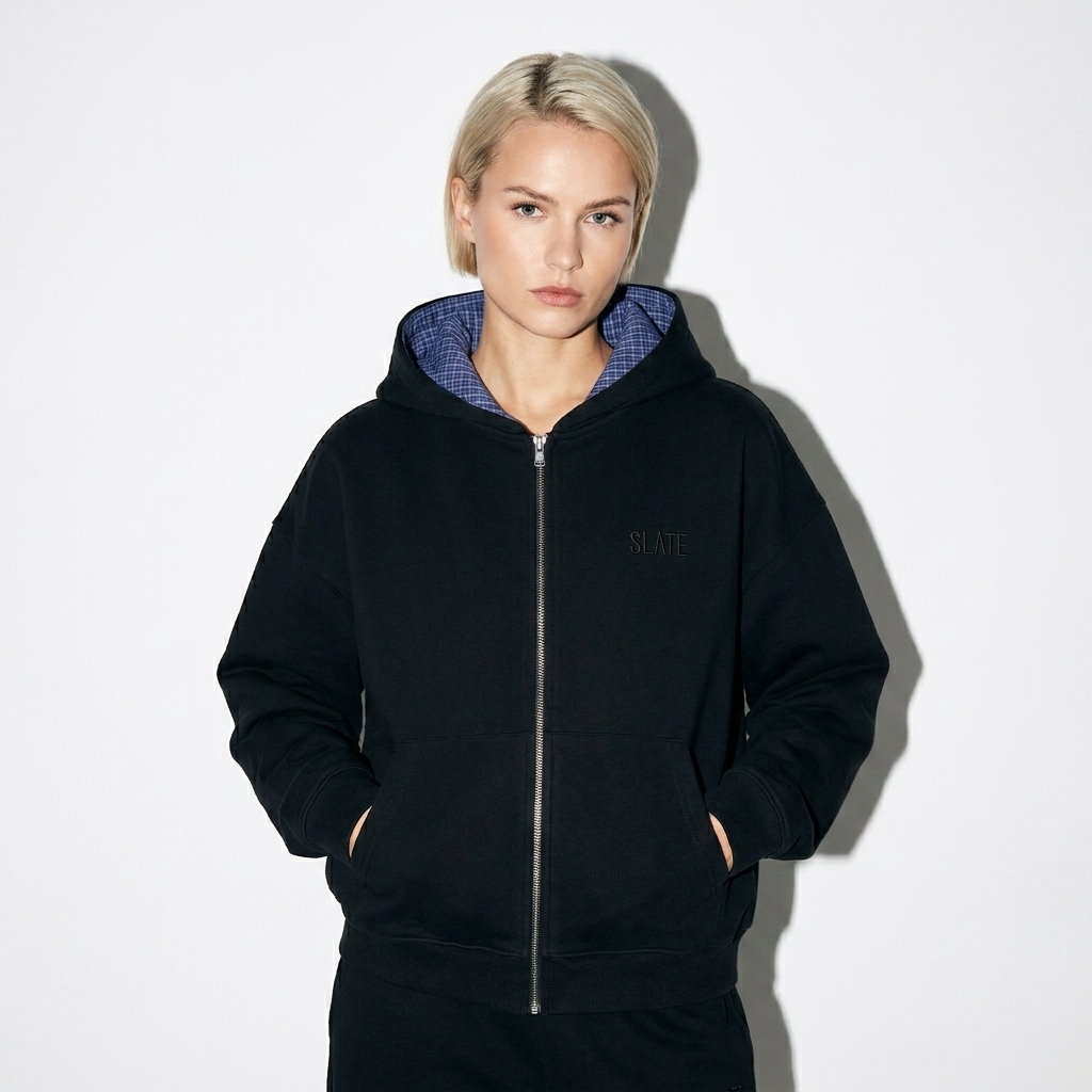 Contrast Plaid Boxy Zip Hoodie worn by a petite German female fashion influencer, editorial avant-garde styling, studio lookbook — custom contrast plaid boxy zip hoodie