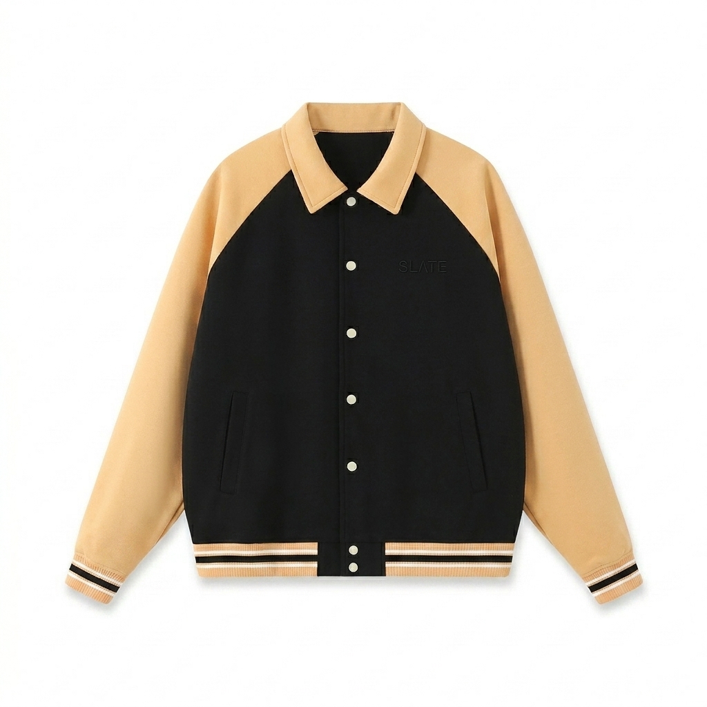 Custom Contrast Raglan Baseball Jacket design direction 1: Minimalist Tonal Wordmark featuring the SLATE wordmark