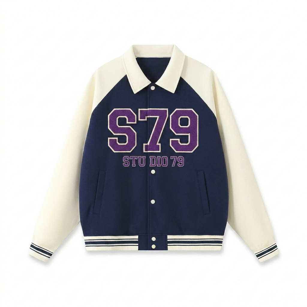 Custom Contrast Raglan Baseball Jacket design direction 3: Retro Collegiate Emblem featuring the STUDIO 79 wordmark