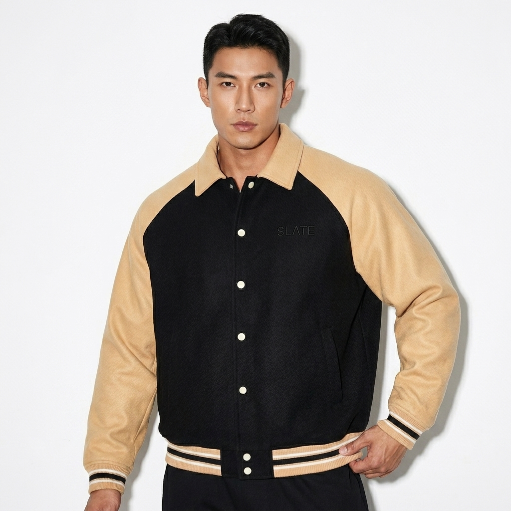Contrast Raglan Baseball Jacket worn by a athletic muscular Chinese male fashion influencer, minimalist luxury styling, studio lookbook — custom contrast raglan baseball jacket