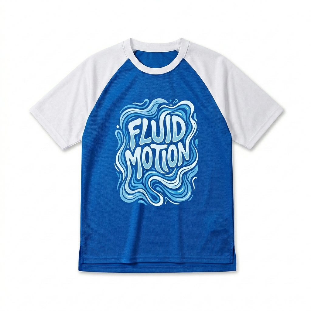 Custom Contrast Raglan Mesh T-Shirt design direction 2: Abstract Graphic Flow featuring the FLUID MOTION wordmark