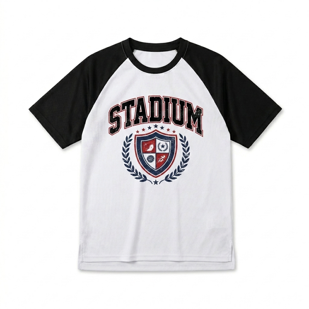 Custom Contrast Raglan Mesh T-Shirt design direction 3: Retro Collegiate Emblem featuring the STADIUM wordmark