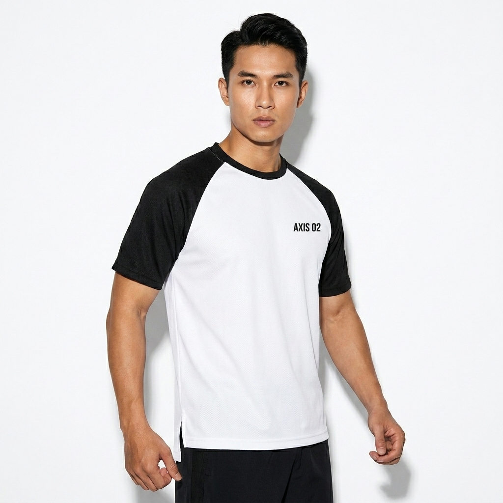 Contrast Raglan Mesh T-Shirt worn by a toned Vietnamese male fashion influencer, workwear utility styling, studio lookbook — custom contrast raglan mesh t-shirt