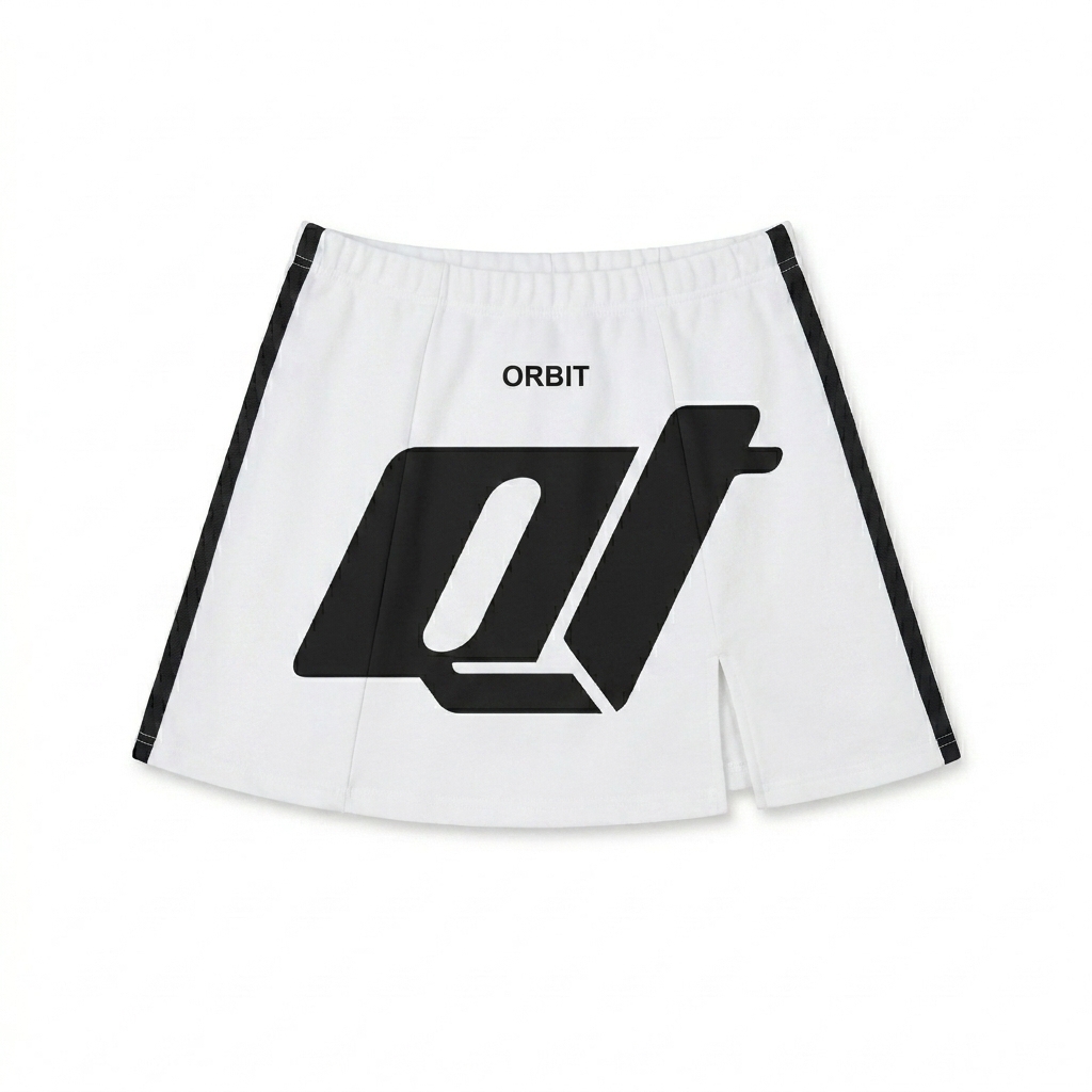 Custom Contrast Side Stripe Skirt design direction 2: Bold Abstract Graphic featuring the ORBIT wordmark