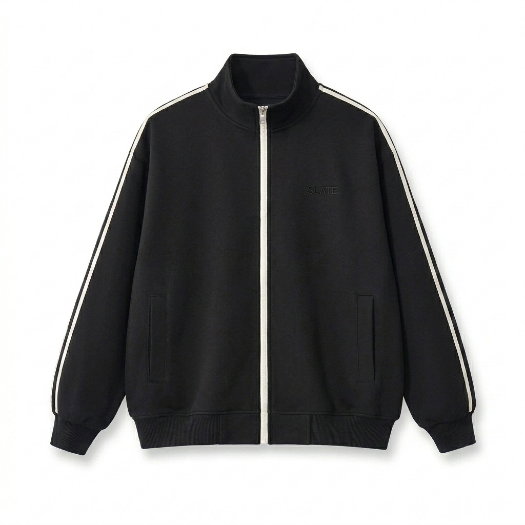 Custom Contrast Side-Stripe Track Jacket design direction 1: Tonal Minimalist Wordmark featuring the SLATE wordmark
