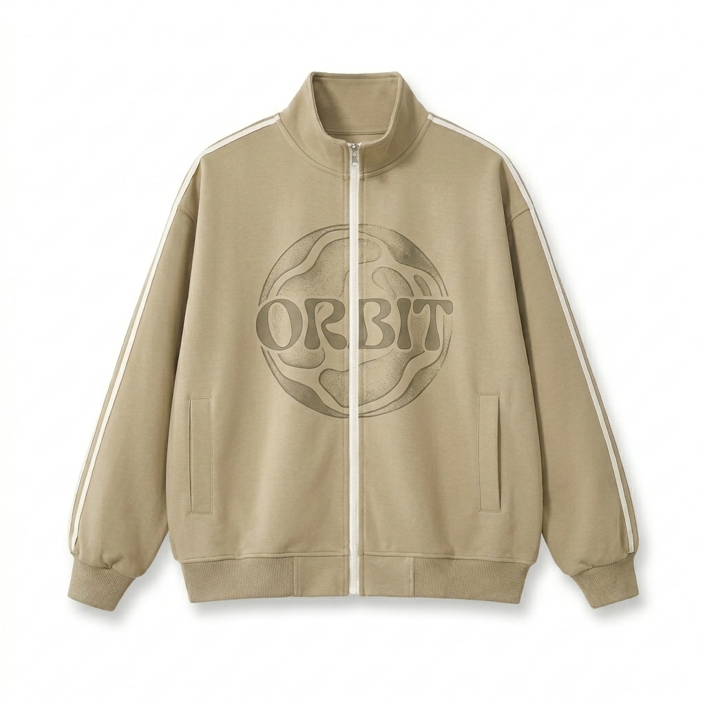 Custom Contrast Side-Stripe Track Jacket design direction 2: Abstract Graphic Print featuring the ORBIT wordmark
