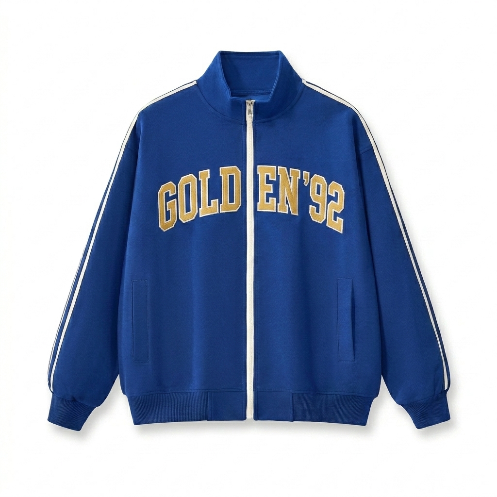 Custom Contrast Side-Stripe Track Jacket design direction 3: Retro Collegiate Emblem featuring the GOLDEN '92 wordmark
