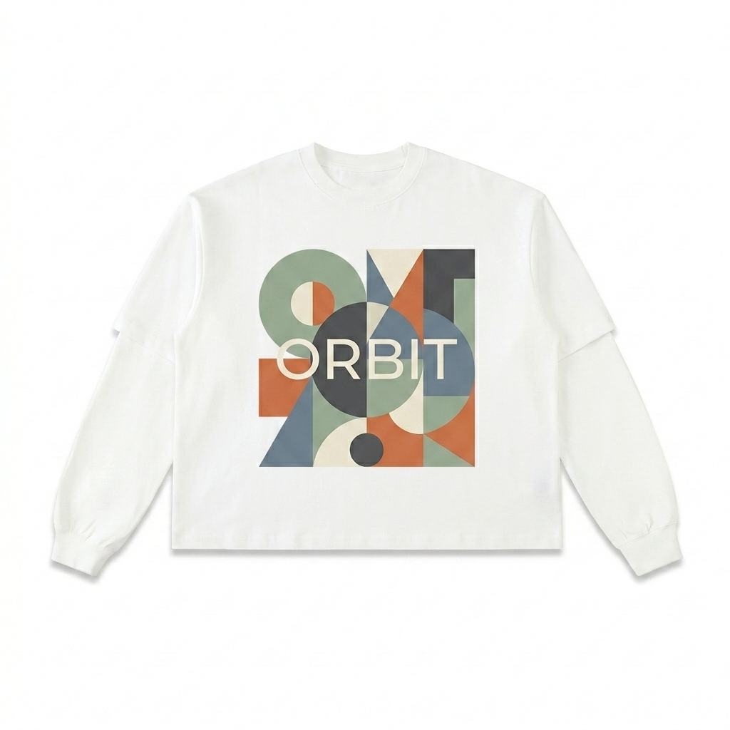Custom Contrast Sleeve Long Sleeve T-Shirt design direction 2: Abstract Graphic Print featuring the ORBIT wordmark