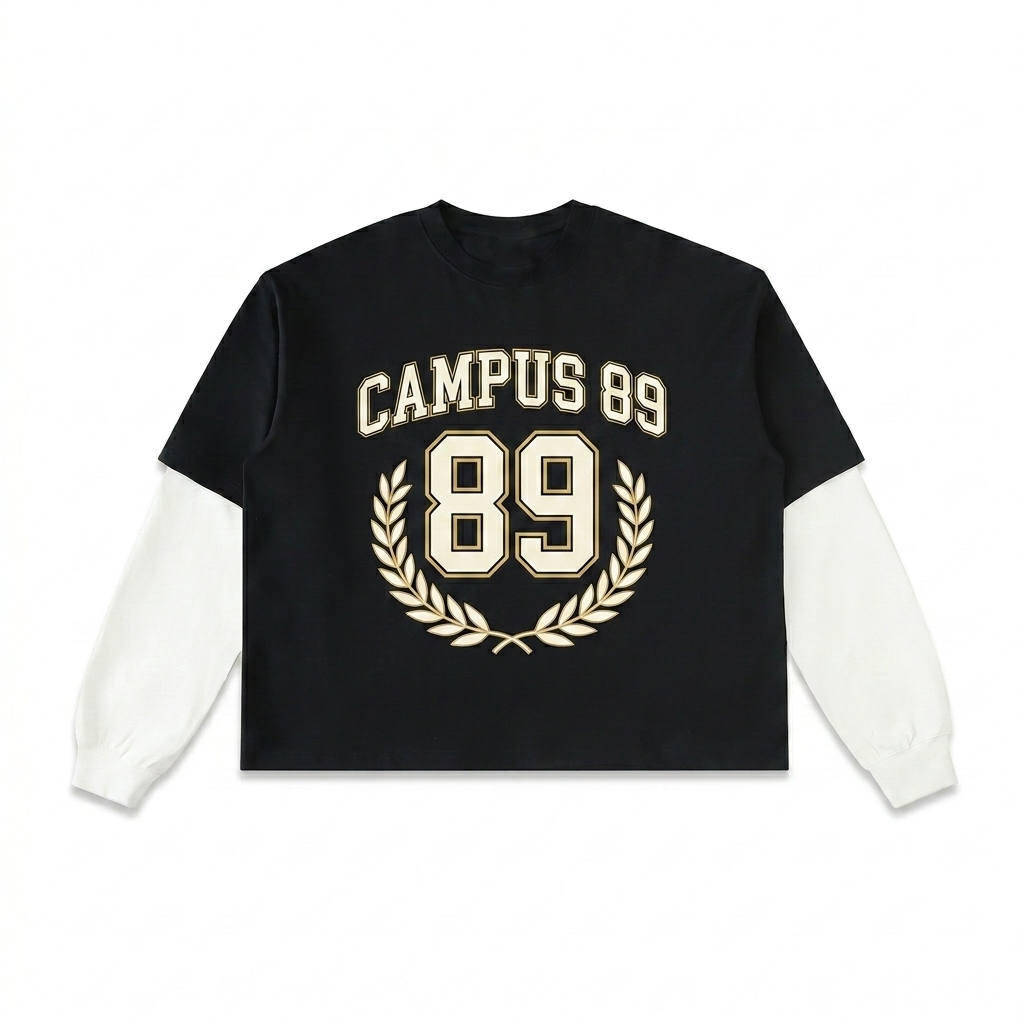 Custom Contrast Sleeve Long Sleeve T-Shirt design direction 3: Retro Collegiate Emblem featuring the CAMPUS 89 wordmark