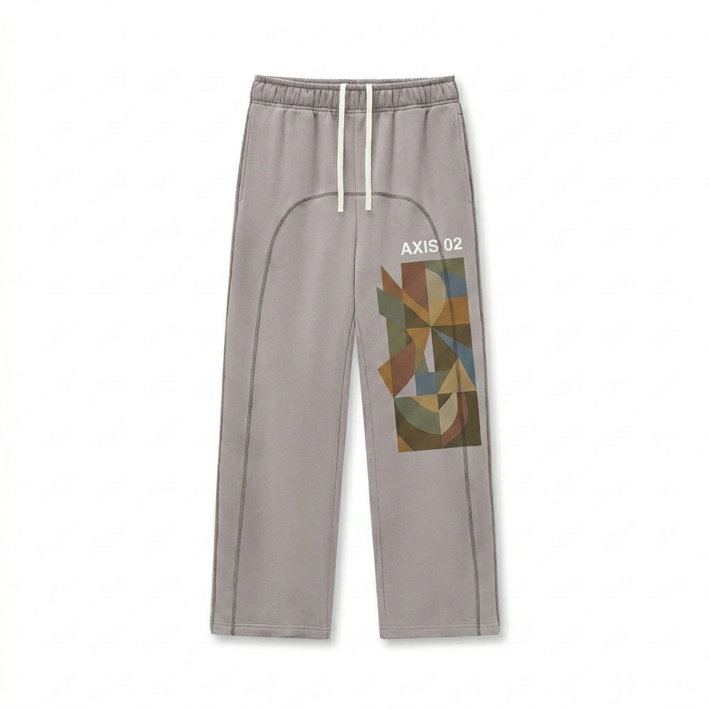 Custom Contrast-Stitch Fleece Sweatpants design direction 2: Bold Abstract Graphic featuring the AXIS 02 wordmark