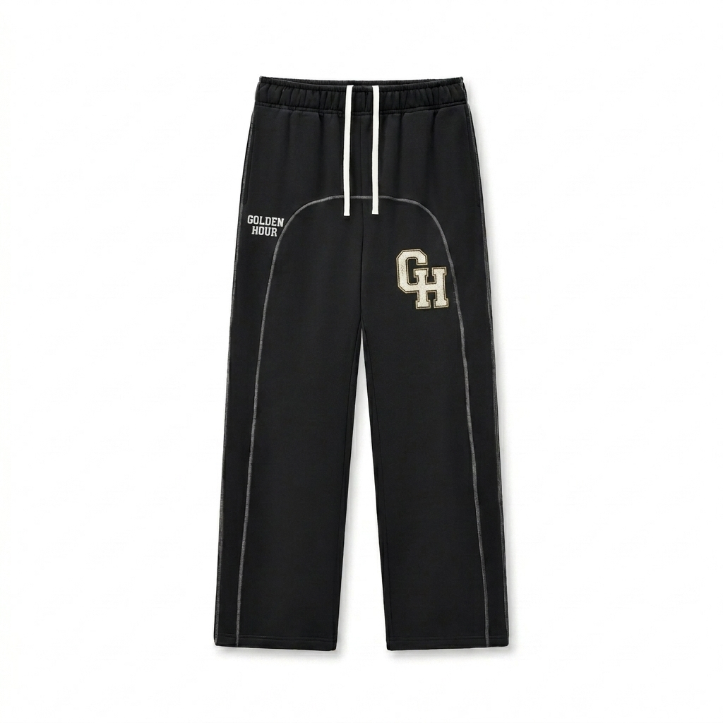 Custom Contrast-Stitch Fleece Sweatpants design direction 3: Retro Collegiate Emblem featuring the GOLDEN HOUR wordmark
