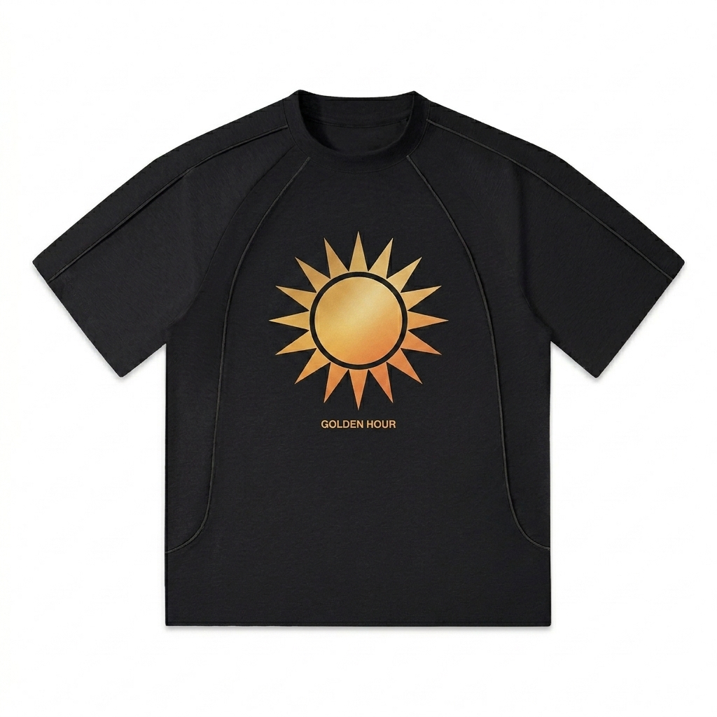 Custom Contrast Stitch Raglan T-Shirt design direction 2: Bold Graphic Illustration featuring the GOLDEN HOUR wordmark
