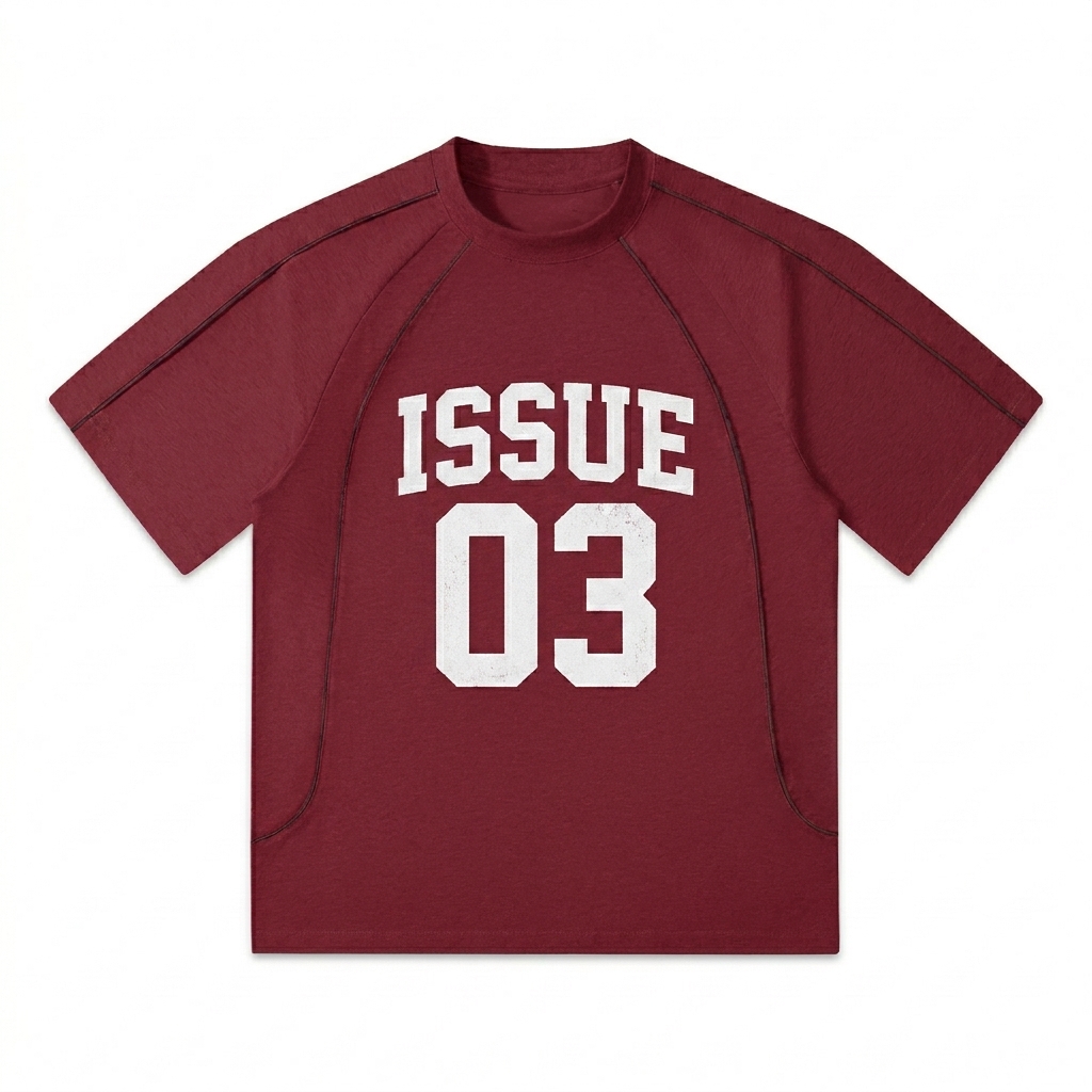 Custom Contrast Stitch Raglan T-Shirt design direction 3: Retro Collegiate Emblem featuring the ISSUE 03 wordmark