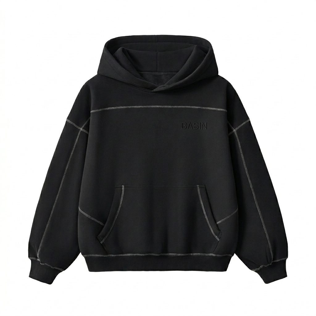 Custom Contrast-Stitched Boxy Fleece Hoodie design direction 1: Subtle Identity Wordmark featuring the BASIN wordmark