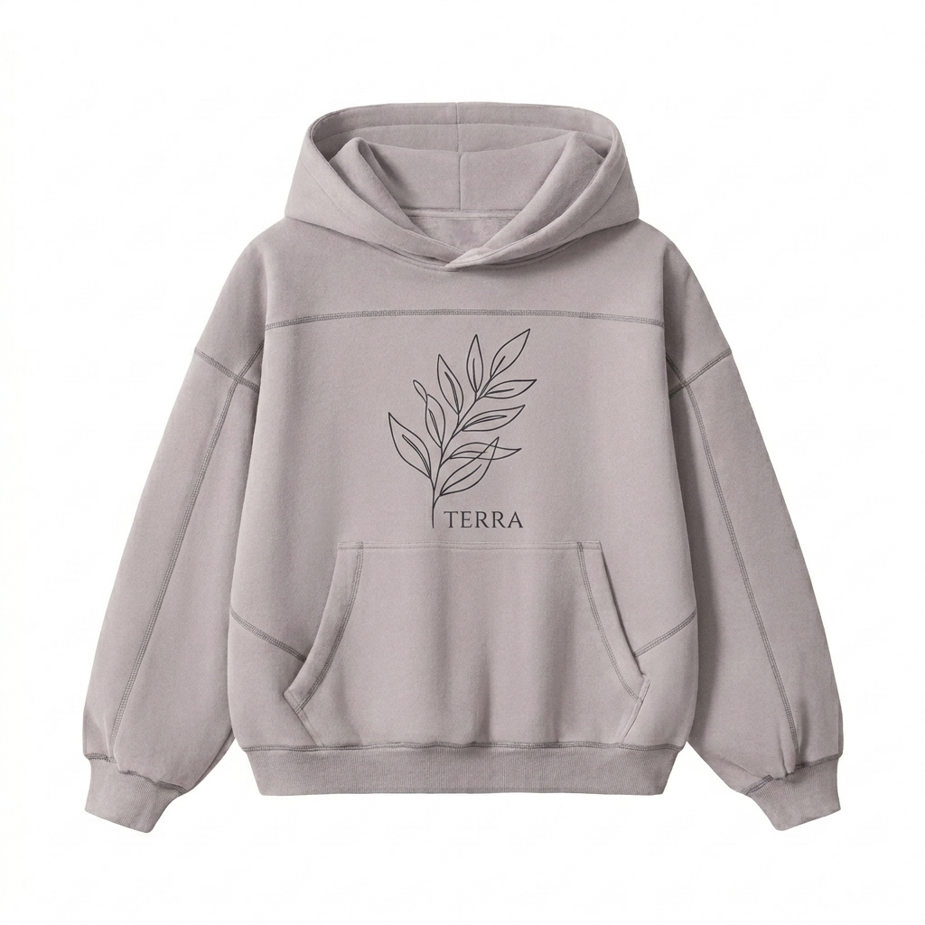 Custom Contrast-Stitched Boxy Fleece Hoodie design direction 2: Nature-Inspired Graphic featuring the TERRA wordmark