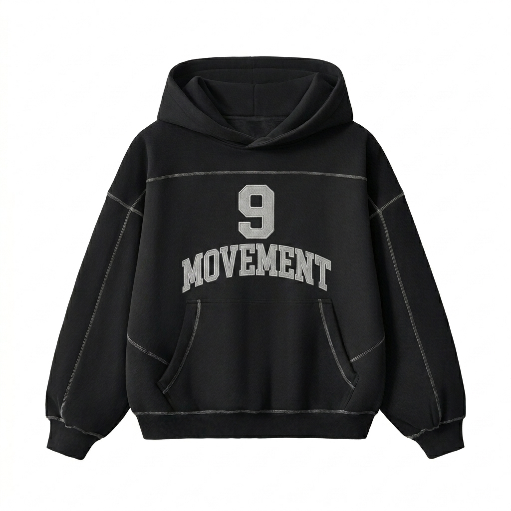 Custom Contrast-Stitched Boxy Fleece Hoodie design direction 3: Vintage Collegiate Emblem featuring the 9TH MOVEMENT wordmark