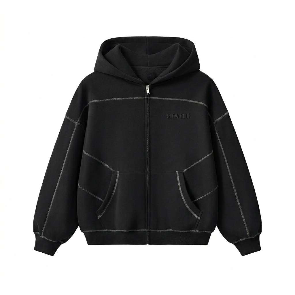 Custom Contrast-Stitched Boxy Zip Hoodie design direction 1: Tonal Identity featuring the SLOW CLUB wordmark