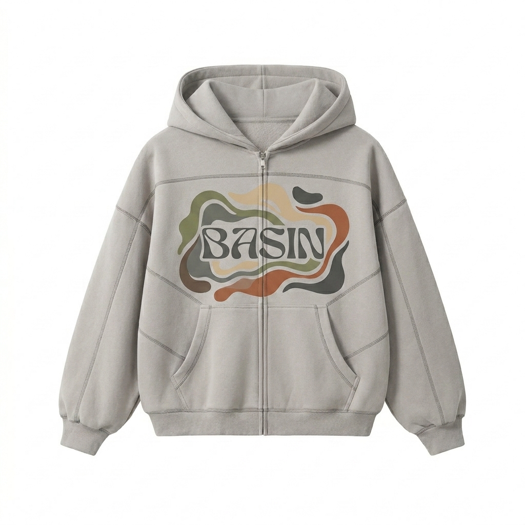 Custom Contrast-Stitched Boxy Zip Hoodie design direction 2: Abstract Flow featuring the BASIN wordmark