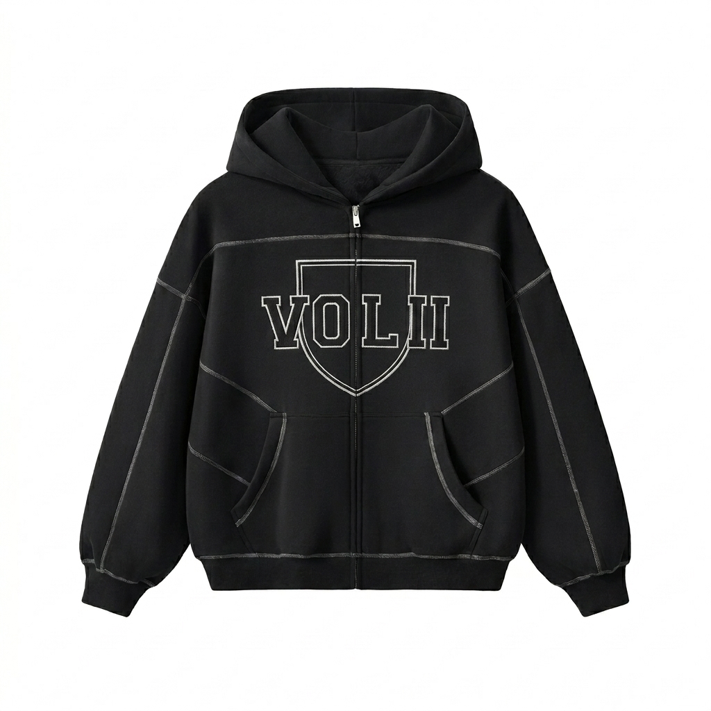 Custom Contrast-Stitched Boxy Zip Hoodie design direction 3: Varsity Emblem featuring the VOL II wordmark