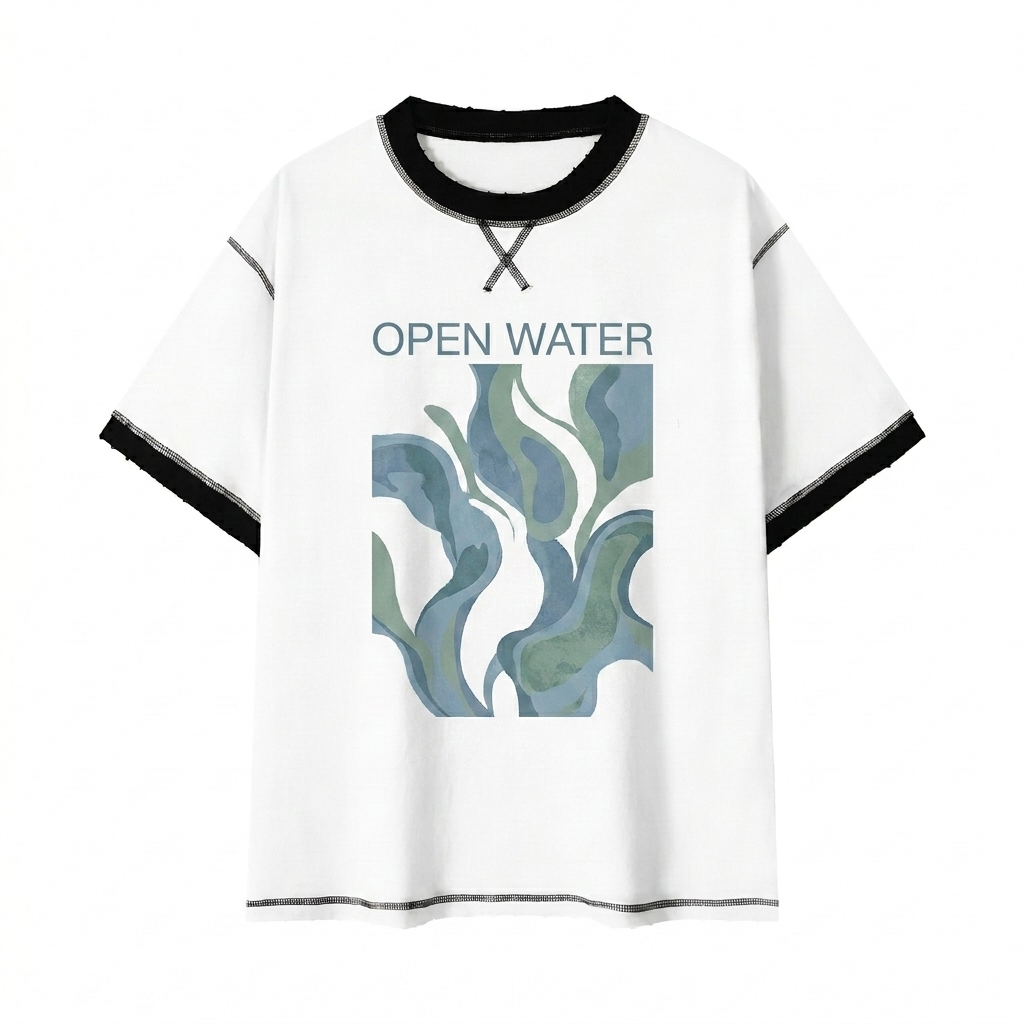 Custom Contrast-Stitched T-Shirt design direction 2: Bold Abstract Graphic featuring the OPEN WATER wordmark