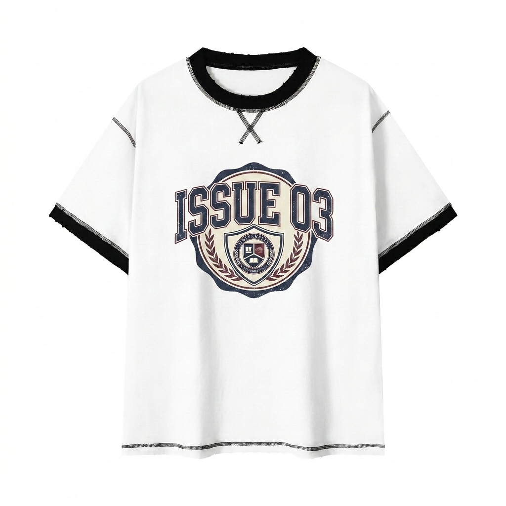 Custom Contrast-Stitched T-Shirt design direction 3: Retro Collegiate Emblem featuring the ISSUE 03 wordmark