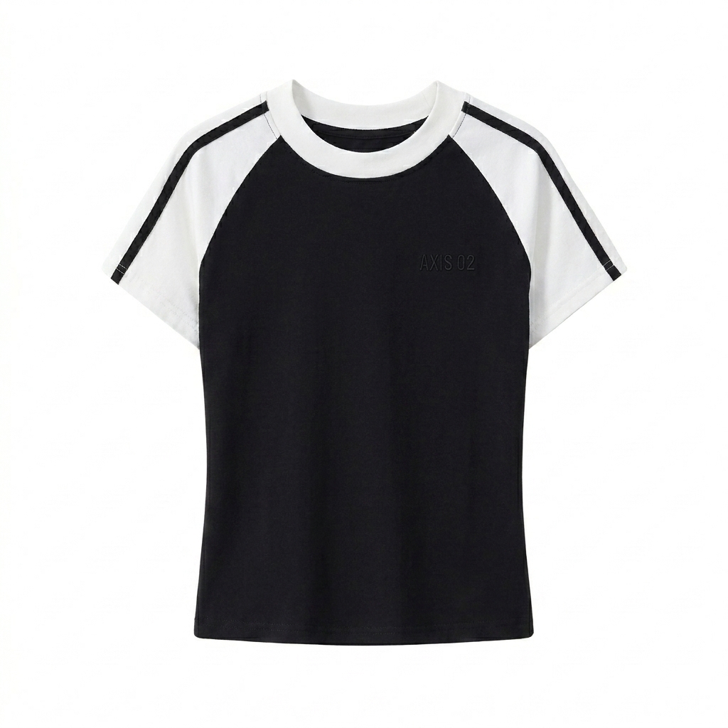 Custom Contrast Stripe Bodycon T-Shirt design direction 1: Tonal Left Chest Wordmark featuring the AXIS 02 wordmark