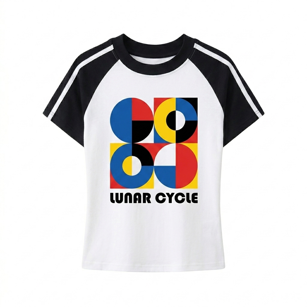 Custom Contrast Stripe Bodycon T-Shirt design direction 2: Abstract Geometric Graphic featuring the LUNAR CYCLE wordmark