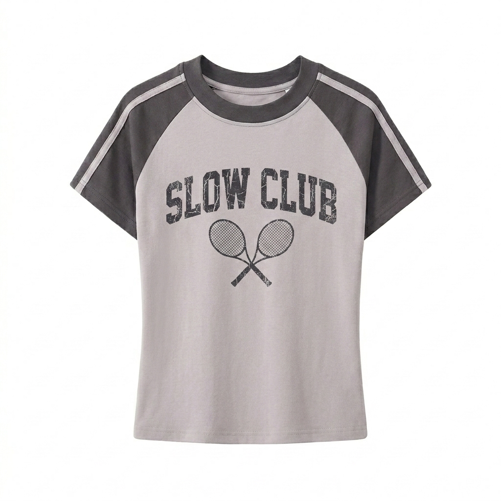 Custom Contrast Stripe Bodycon T-Shirt design direction 3: Retro Collegiate Emblem featuring the SLOW CLUB wordmark
