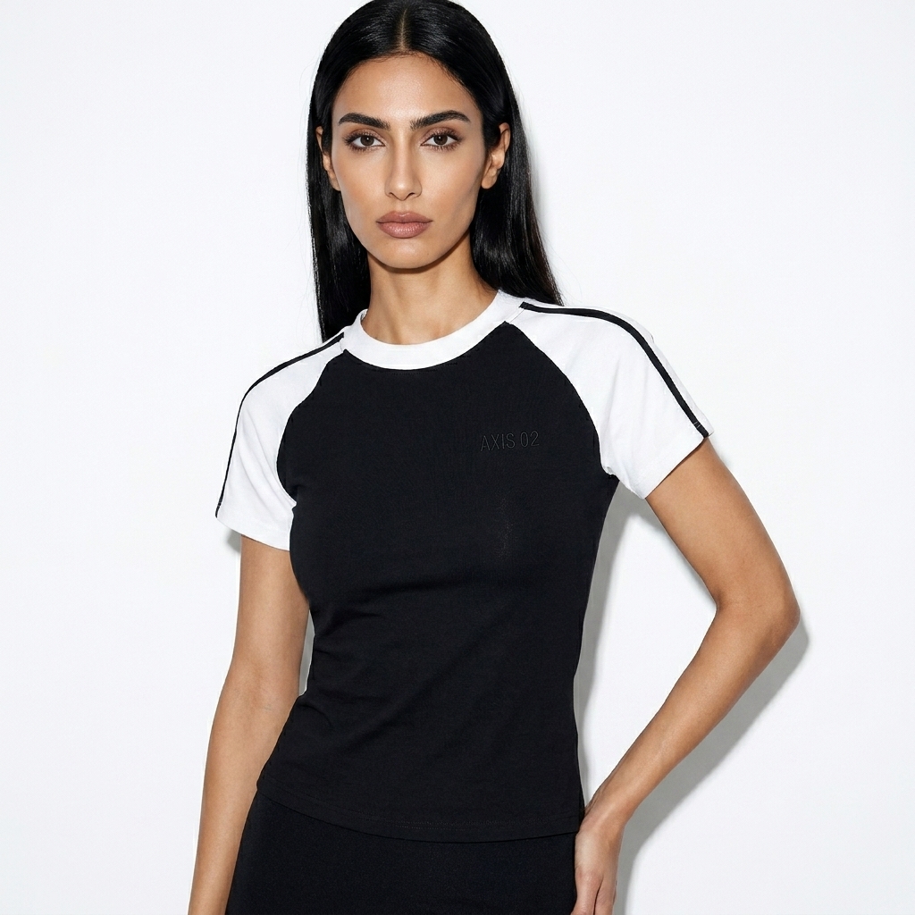 Contrast Stripe Bodycon T-Shirt worn by a slim tall Persian female fashion influencer, downtown streetwear styling, studio lookbook — custom contrast stripe bodycon t-shirt