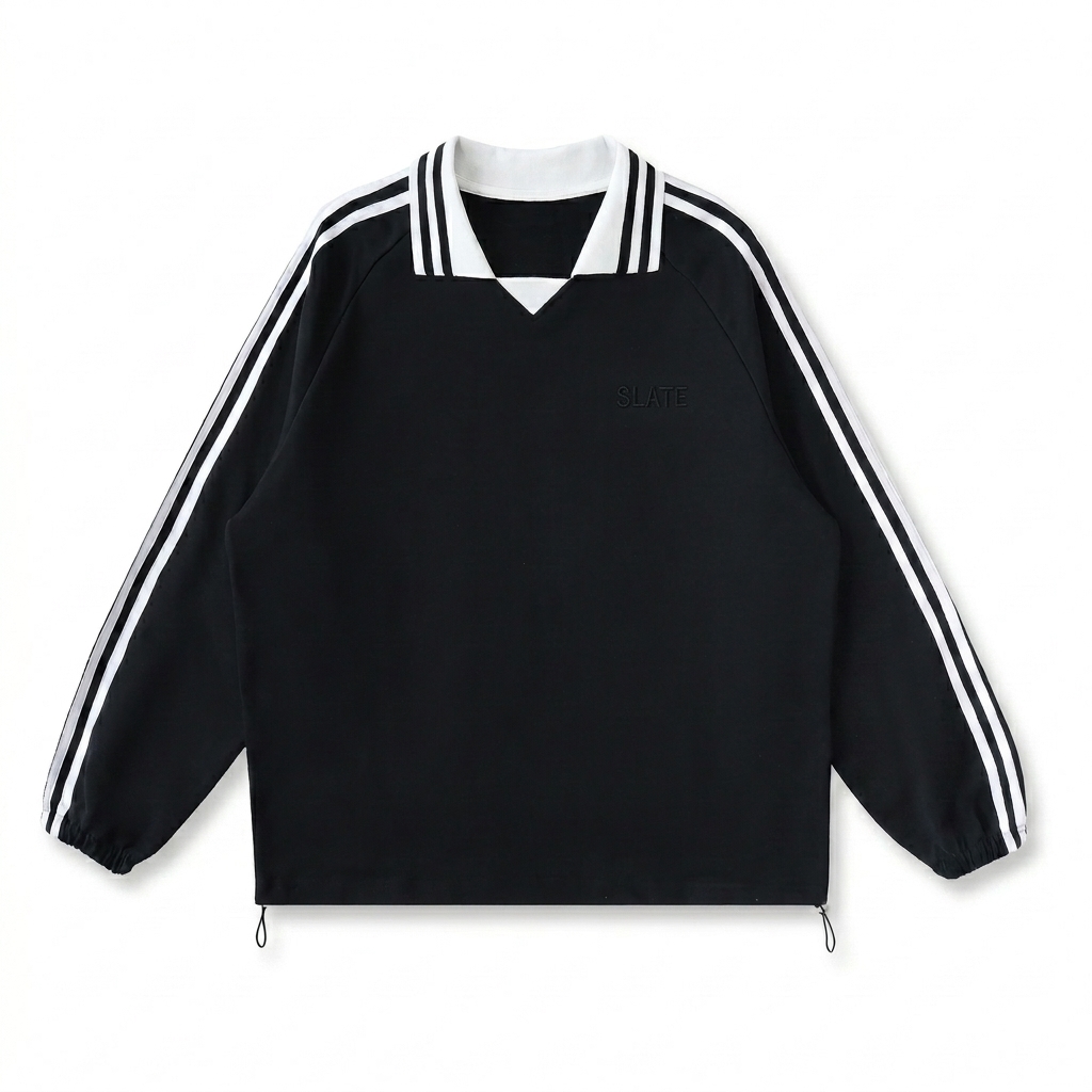 Custom Contrast Striped Collar Sweatshirt design direction 1: Tonal Minimalist Wordmark featuring the SLATE wordmark