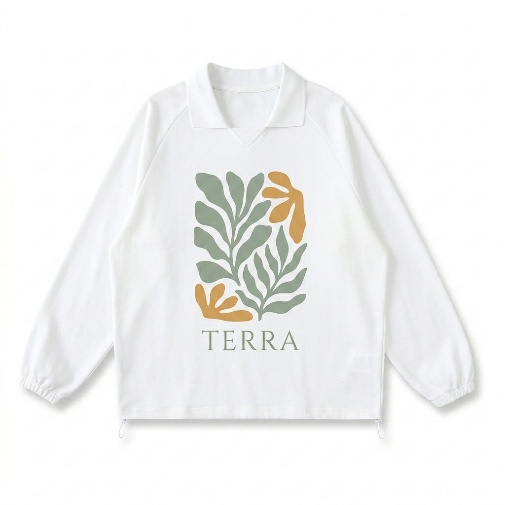 Custom Contrast Striped Collar Sweatshirt design direction 2: Bold Abstract Graphic featuring the TERRA wordmark