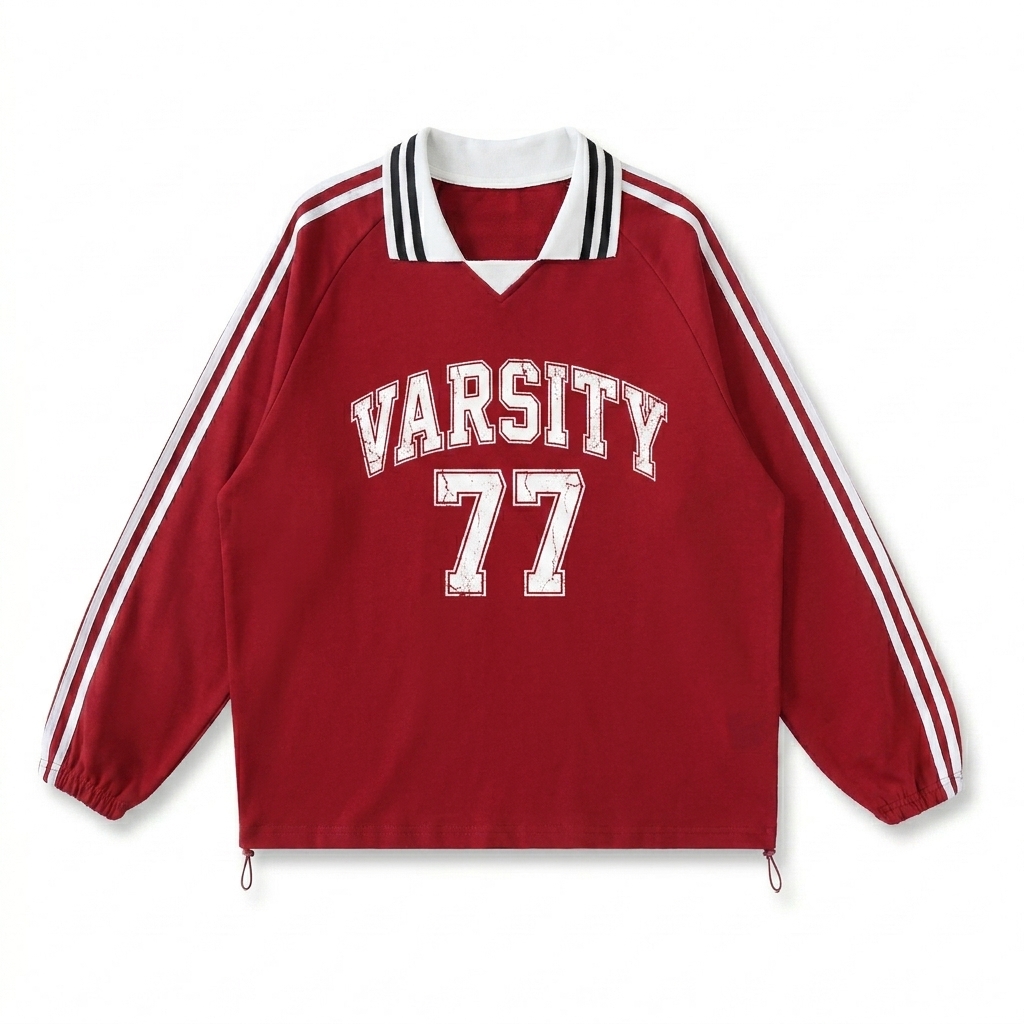 Custom Contrast Striped Collar Sweatshirt design direction 3: Retro Collegiate Wordmark featuring the VARSITY 77 wordmark