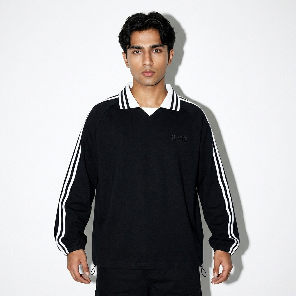 Contrast Striped Collar Sweatshirt worn by a petite Pakistani male fashion influencer, downtown streetwear styling, studio lookbook — custom contrast striped collar sweatshirt