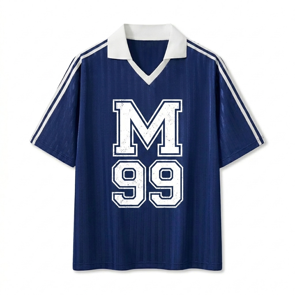 Custom Contrast Collar Striped Soccer Jersey design direction 2: Retro Collegiate Emblem featuring the 9TH MOVEMENT wordmark