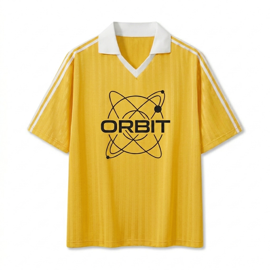Custom Contrast Collar Striped Soccer Jersey design direction 3: Abstract Geometric Graphic featuring the ORBIT wordmark